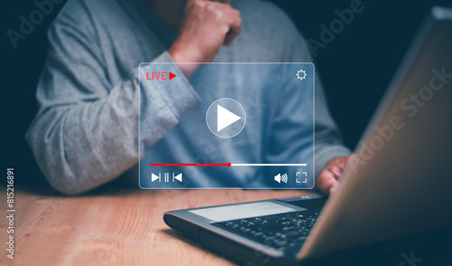 Video streaming on internet concept, Businessman watching live multimedia video content streaming for online business. Live digital stream multimedia player, Marketing technology and advertising.