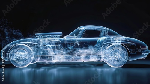 Depict an xray scene of a roadster during a crash test  showing the impact absorption and safety features in action