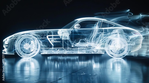 Depict an xray scene of a roadster during a crash test, showing the impact absorption and safety features in action