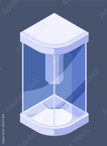 Illustration of a shower stall on a blue background. The rectangular shape is made of transparent plastic material, shaded in electric blue. Modern isometric vector illustration