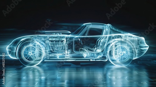 Depict an xray scene of a roadster during a crash test, showing the impact absorption and safety features in action © Nawarit