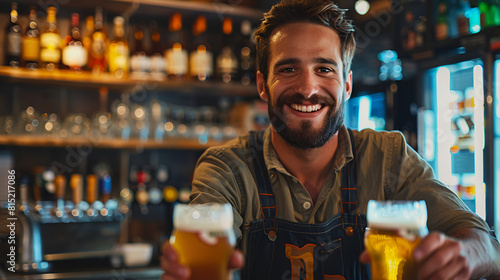 Happy waiter serving beer drinks while working in bar photo