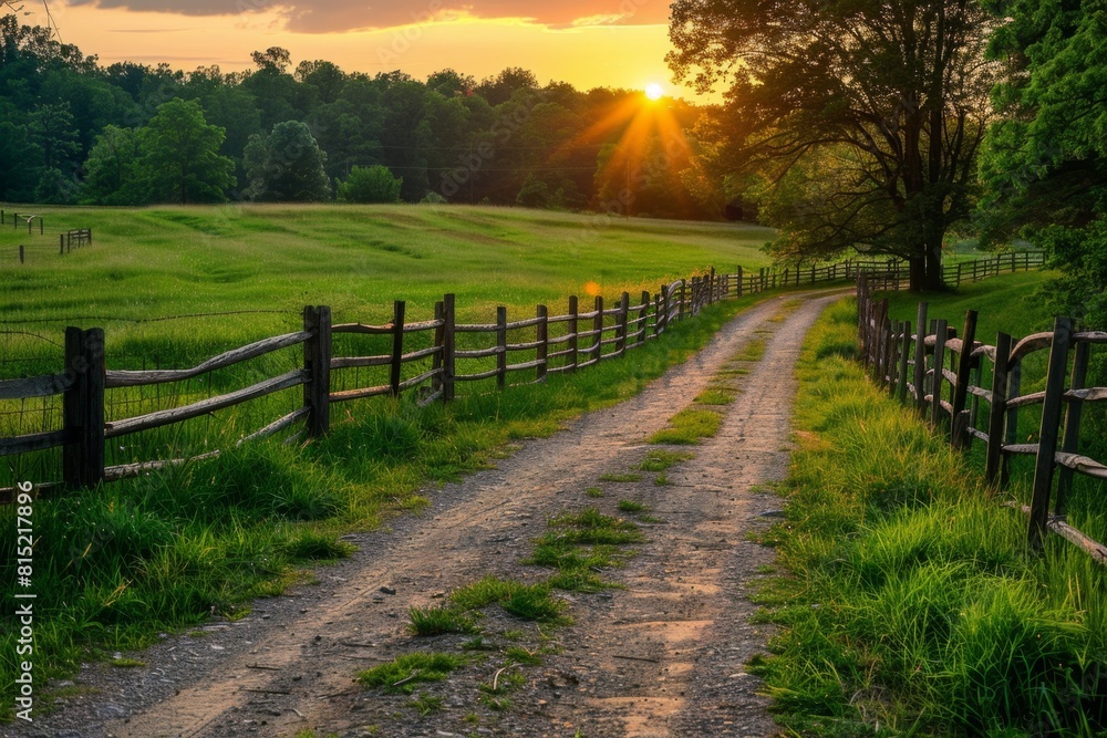 Fototapeta premium A peaceful country road leading through lush green meadows, with wooden fences and trees on both sides of the path Generative AI