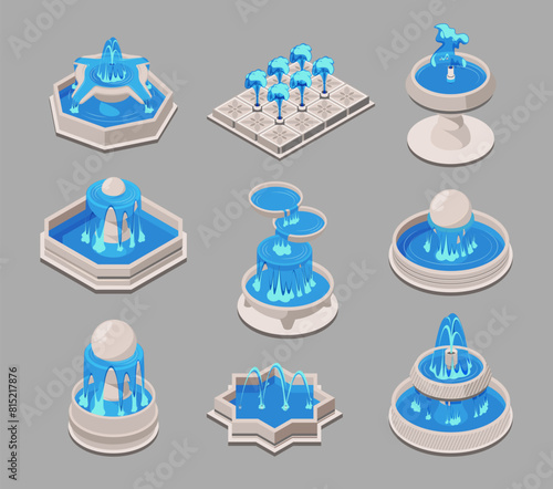 A collection of various isometric water fountains, vector illustration on a gray background, concept of urban decoration. Set of isometric vector illustrations isolated on white background