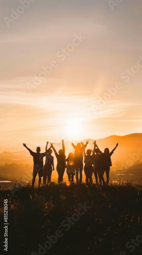 Silhouette of group happy business team making high hands over head in beautiful sunset sky evening time for business success and teamwork concept in company. International Friendship Day.