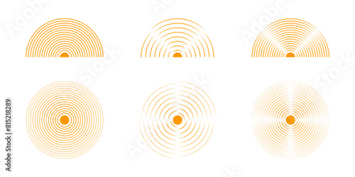 Concentric orange circles and semicircles. Sunburst, sunrise or sunset icons set. Pain localization signs. Shockwave or vibration symbols. Sound, radar or sonar wave pictograms. Vector illustration.