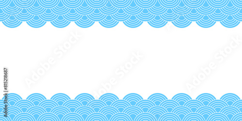 Seigaiha background with empty space. Blue and white waves or clouds pattern. Sea or ocean scallops print. Fish squama or dragon scale. Geometric ornament with round shapes. Vector flat illustration.