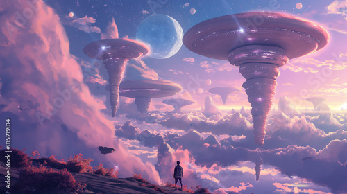 a surreal dreamscape, where gravity-defying structures float in the sky, and giant, glowing mushrooms dot the landscape, inviting viewers to explore a world of infinite possibility and imagination