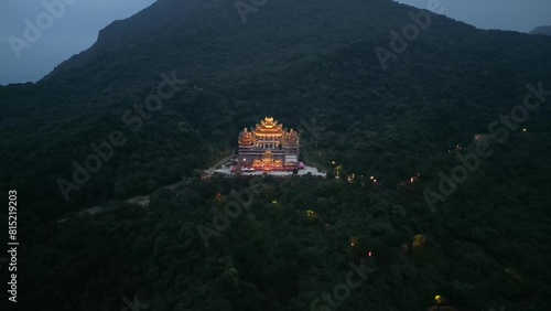 Aerial video of Jiufen Qingyun temple illuminated at night Jiufen Taiwan photo