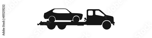 Tow truck vector black icon. Cargo transportation logo. Delivery by car vector. Transport for delivery icon. Fast delivery car. Black car, truck vector. Vector illustration.