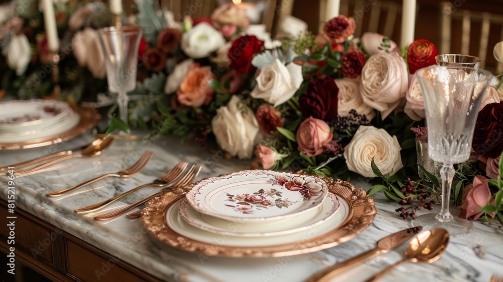 Naklejka premium luxury wedding tableware, elegant wedding setting with rose gold cutlery and fine china on marble table, creating a sophisticated look for a stylish celebration