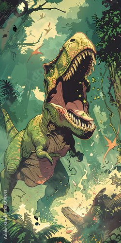 Angry Tyrannosaurus Rex Running Through the Jungle 