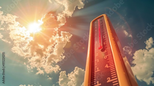 A thermometer shows high temperatures against a sunny, cloud-filled sky, indicating a hot day.