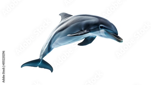Majestic dolphin leaping  graceful marine life moment captured in image. Ideal for educational and ecological projects. Isolated on a white background. AI