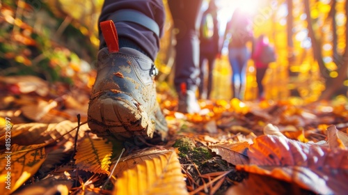 Hikers Enjoying Autumn Forest Walk at Sunset