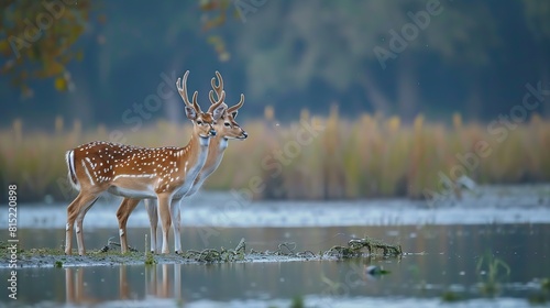 Chital or cheetal  Axis axis  spotted deers or axis deer in nature habitat . Generative Ai