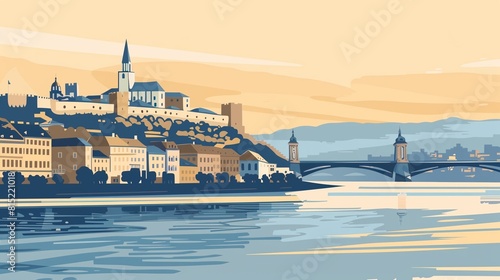 Sunset View of Petrovaradin Fortress and Novi Sad Reflected in Water photo