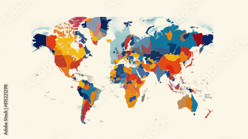 Colorful abstract map of the world with textured patterns.