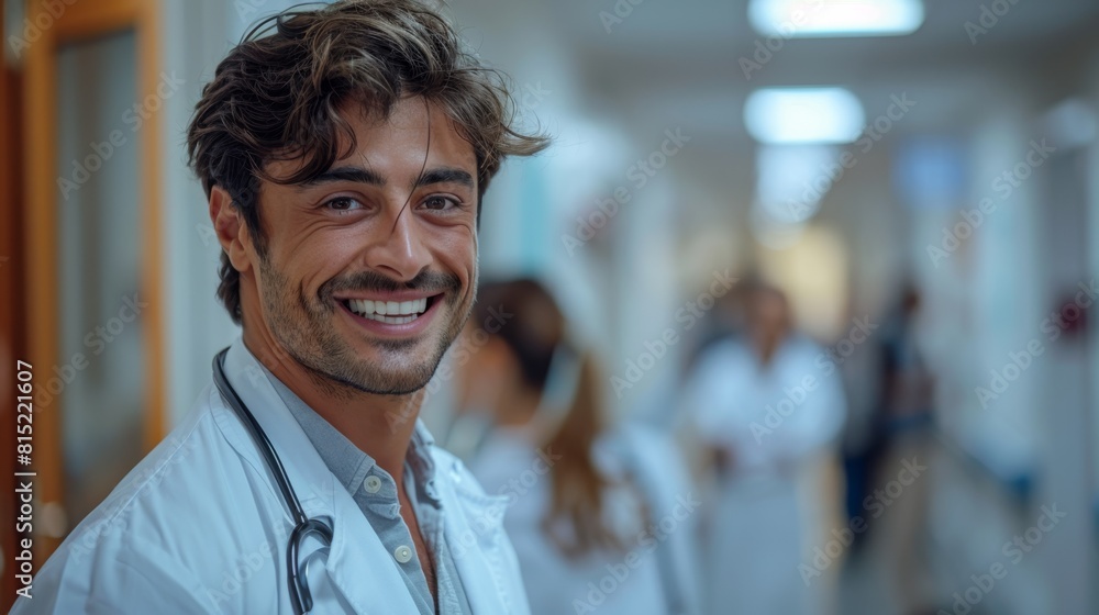 an indian doctor in a white coat, beaming confidently in a hospital hallway, symbolizing healthcare professionalism and service an indian doctor in a white coat, beaming confidently in a hospital hallway, symbolizing healthcare professionalism and service