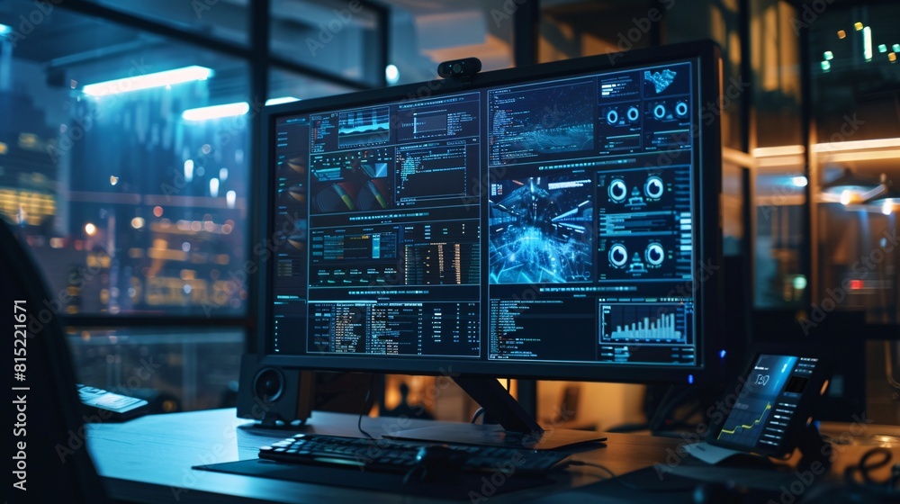 A man is seated at a desk with a computer monitor in front of him, focused on his work A man is seated at a desk with a computer monitor in front of him, focused on his work