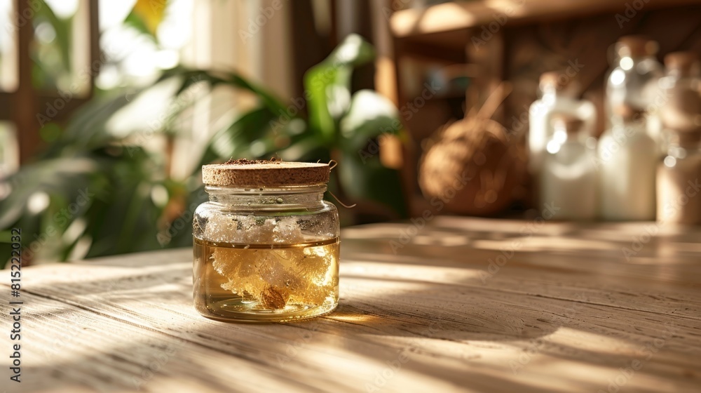 transparent jar of coconut oil on wooden table, symbolizing natural, organic ingredients for skincare and cooking purposes transparent jar of coconut oil on wooden table, symbolizing natural, organic ingredients for skincare and cooking purposes