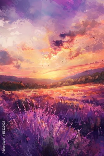 A beautiful sunset over a field of lavender