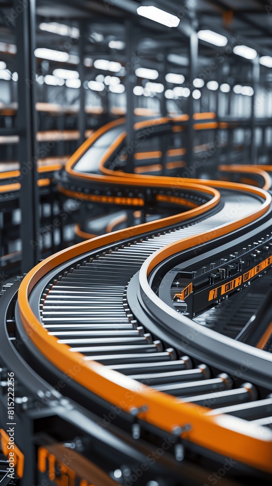 An industrial conveyor belt system in a modern factory. The belts are orange and black and are used to transport goods from one place to another. An industrial conveyor belt system in a modern factory. The belts are orange and black and are used to transport goods from one place to another.