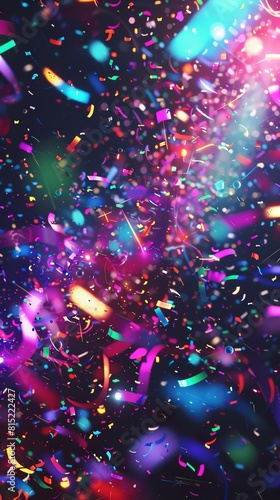 Colorful confetti falls against a dark blue background. photo