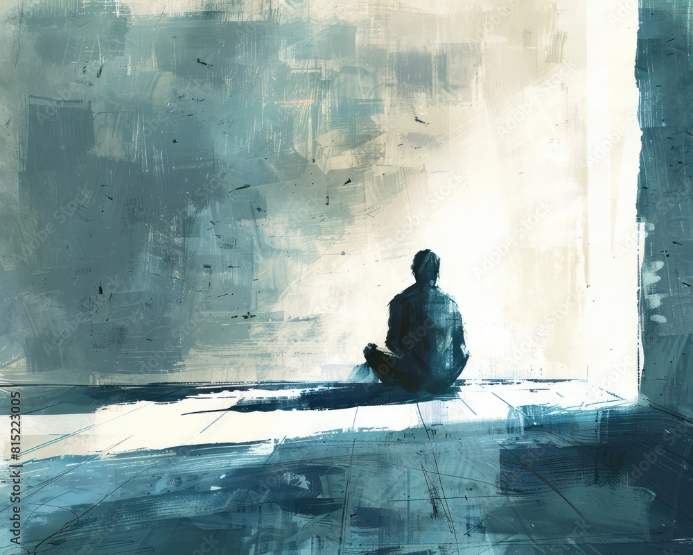 Solitary figure sitting in a jail cell, with emphasis on the mood and atmosphere of solitude Solitary figure sitting in a jail cell, with emphasis on the mood and atmosphere of solitude