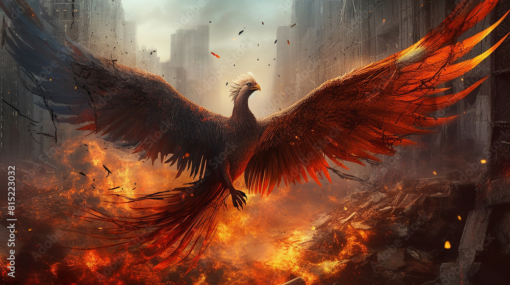 A breathtaking phoenix rising from the ashes, its wings spread wide ...