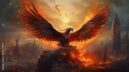 A breathtaking phoenix rising from the ashes, its wings spread wide against a backdrop of smoldering ruins, glowing embers floating in the air, conveying a sense of rebirth and renewal, Illustration,  © Ruslan