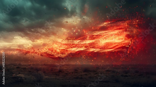 Apocalypse Unraveling The Fading American Flag in a Glitchy Pixelated Wasteland photo