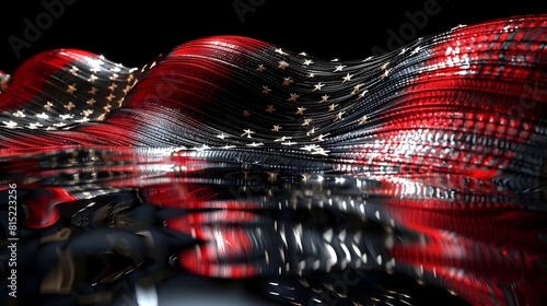 American Flag Crafted from Sleek Chrome Threads on a Reflective Black Wire Frame in D photo