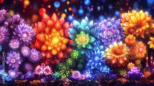 Vibrant Enchanted Garden Blooming Flowers Magical Night Colorful Illumination Fantasy