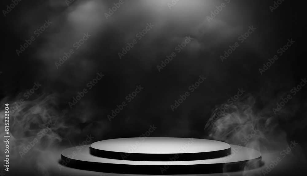 gray and dark smoke stage background. Podium black dark grey smoke background product platform abstract stage texture fog spotlight.