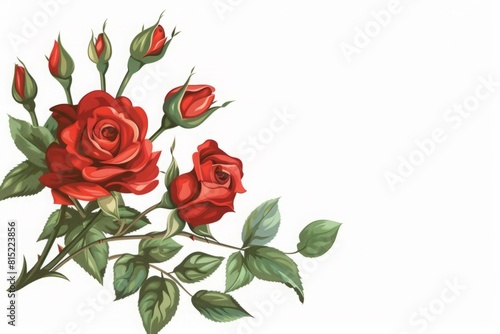 Red Rose Buds and Green Leaves Corner Composition for Greeting or Wedding Cards 