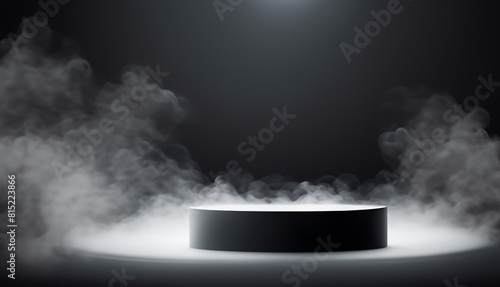 gray and dark smoke stage background. Podium black dark grey smoke background product platform abstract stage texture fog spotlight.