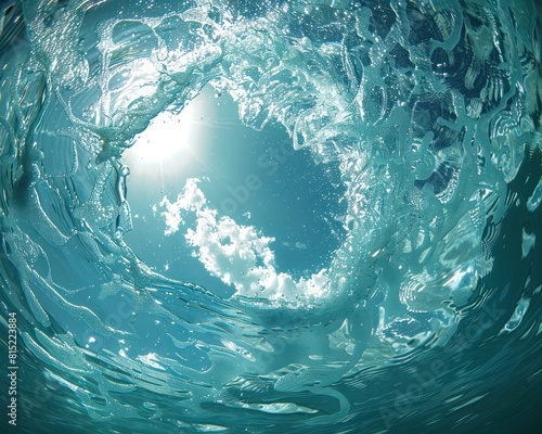 View from under the water looking up at the sky through the distortion of a glass surface  emphasizing the fluid dynamics and light refraction
