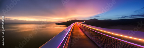 pedestrian bridge with neon future lights in nature landscape sunset photo