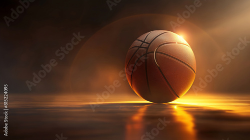 Basketball glowing in a dramatic golden light on a court. photo