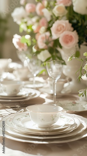 Elegant wedding table setting with floral teacups and roses in a softly lit environment