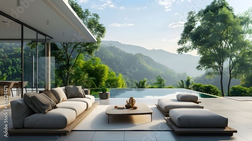 Outdoor Living room with nature scenery view for rest and relax decorate with modern furniture  cozy home decor background.