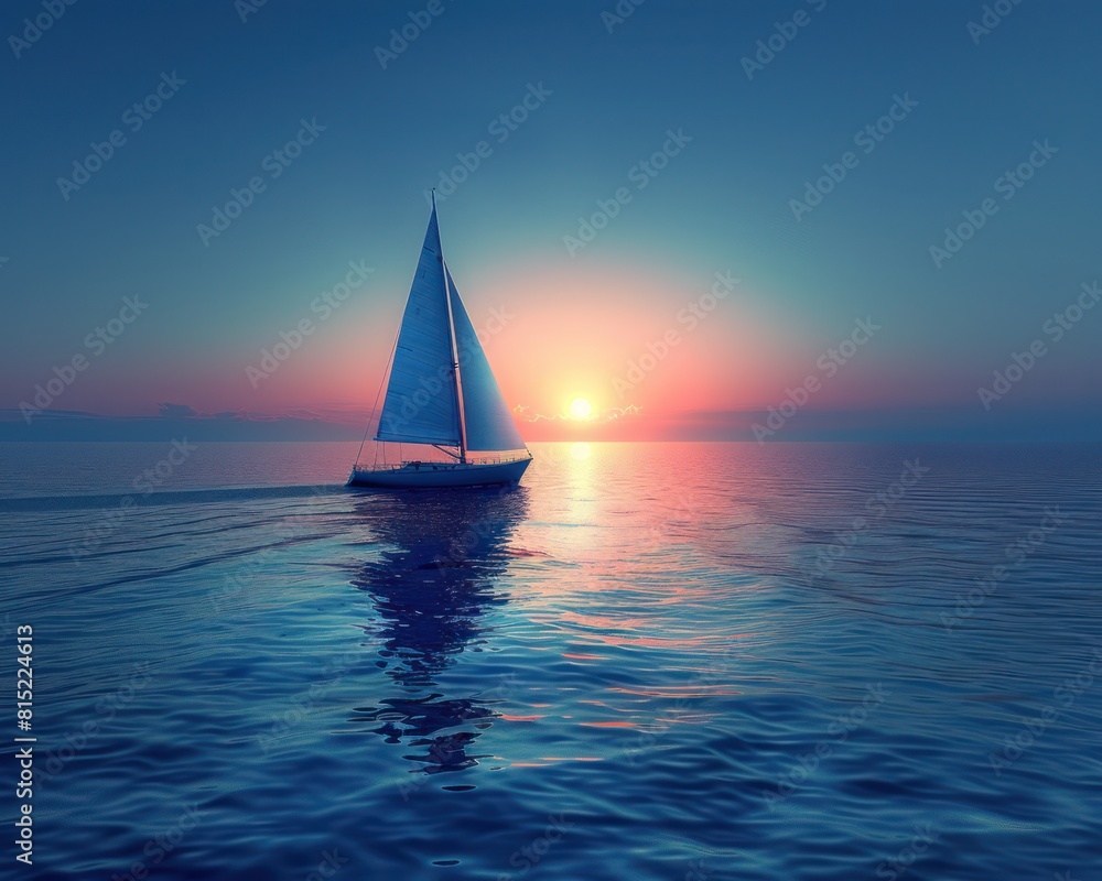 Sailboat traveling towards the horizon on a calm sea, focusing on the solitude and journey of the boat
