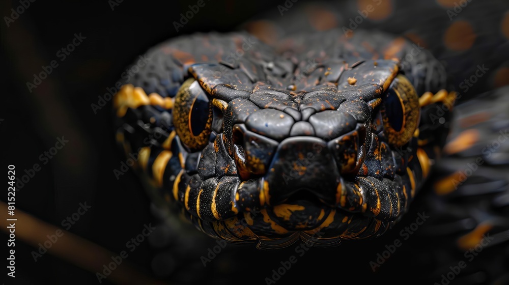 Fototapeta premium Illustrate a closeup of a rattlesnakes head and fangs, centered on a black background, ideal for a banner with text overlay