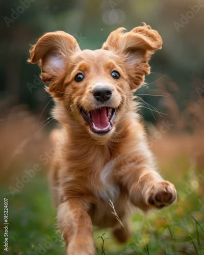 Puppy in mid-leap, ears flapping, mouth open in a joyful expression as it races towards its owner