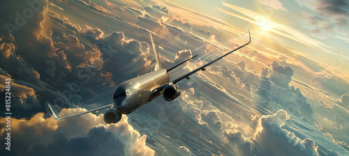 Air plane flies in the blue sky above the clouds, leaving trail behind it