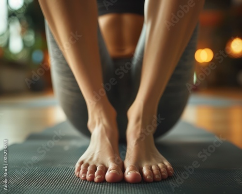 Feet of someone practicing yoga, focusing on the alignment and positioning on a yoga mat