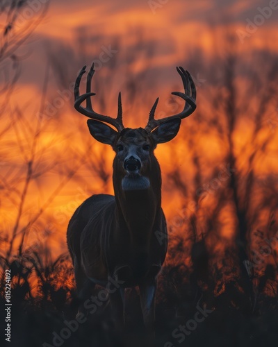 Silhouette of a deer on the edge of the woods at sunset. The sky is ablaze with colors  casting a warm glow over the scene