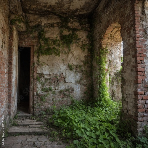 Nature reclaims abandoned, dilapidated building; vines, greenery creep up crumbling brick walls, showcasing serene yet eerie blend of man-made structure, natural elements. Arches, doorway.