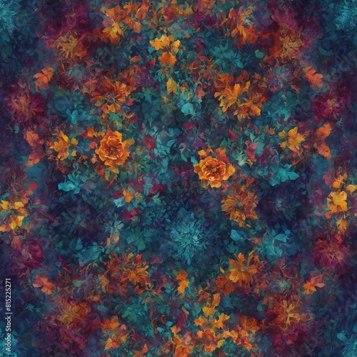 Myriad of flowers bloom amidst lush  mystical garden  their vibrant hues of orange  yellow  red contrasting beautifully against deep teal  purple foliage. Ethereal glow illuminates each petal  leaf.